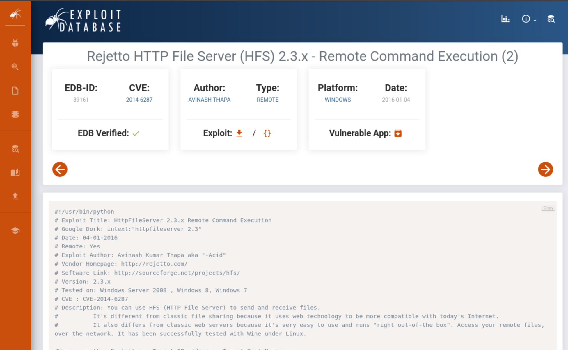 ExploitDB page for exploit 39161, Rejetto HFS remote command execution